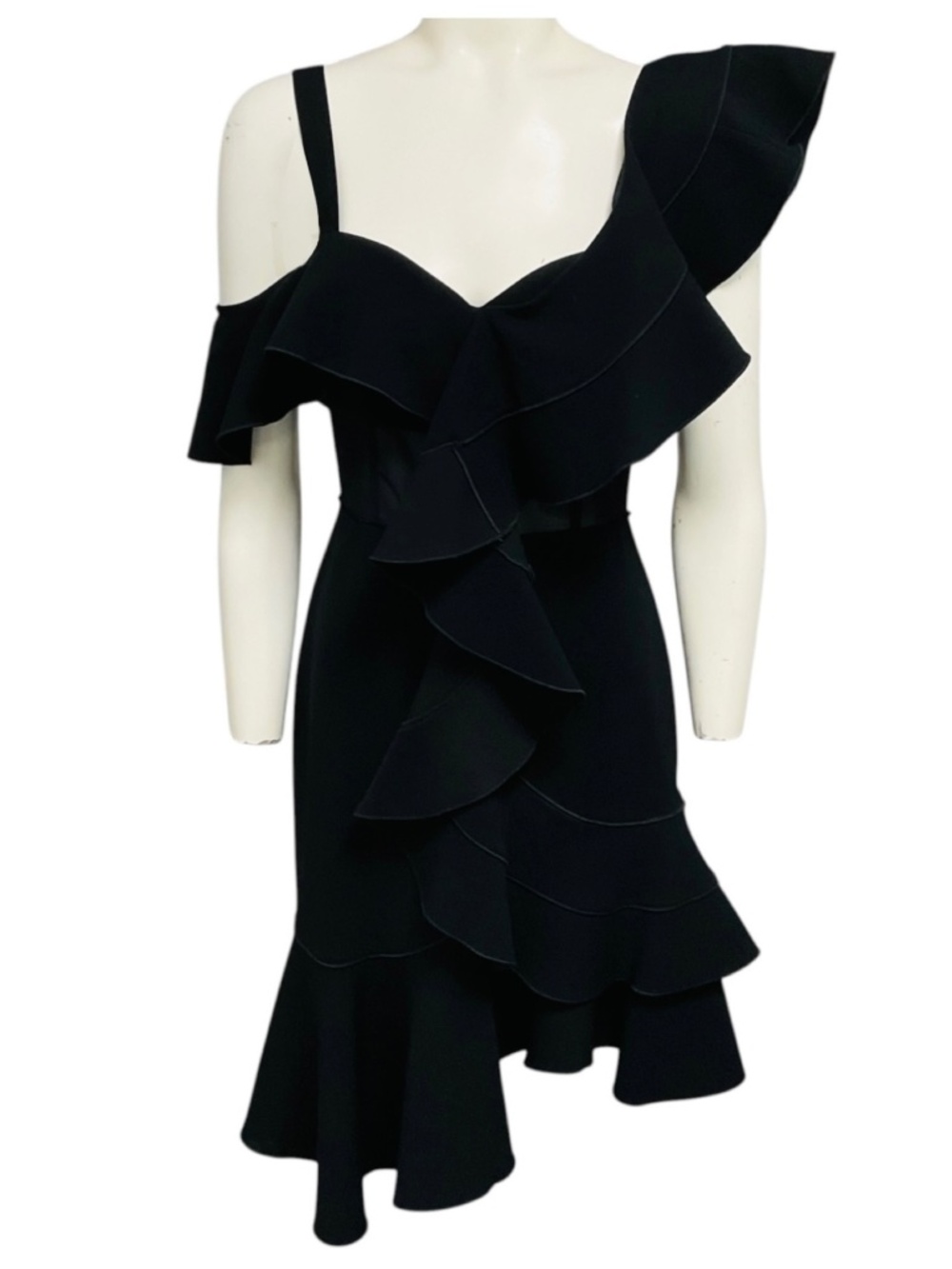 PROENZA SCHOULER BLACK RUFFLED CREPE ASYMMETRIC COCKTAIL DRESS